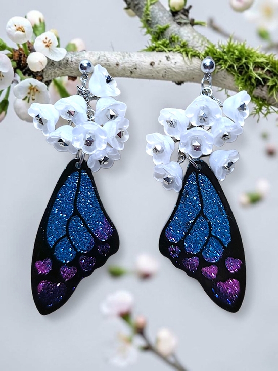 Hand Crafted Jewelry - White Floral & Glitter Butterfly Wing Drop Earrings